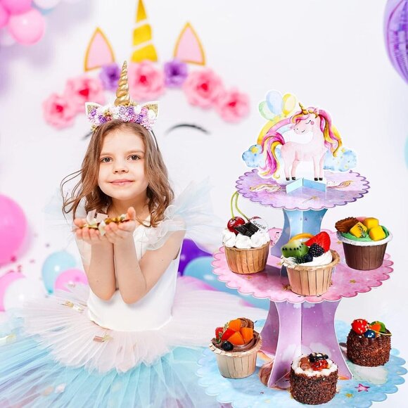 3 Tier Unicorn Cupcake Stand Watercolor Unicorn Cardboard Cupcake Holder New - Picture 3 of 8